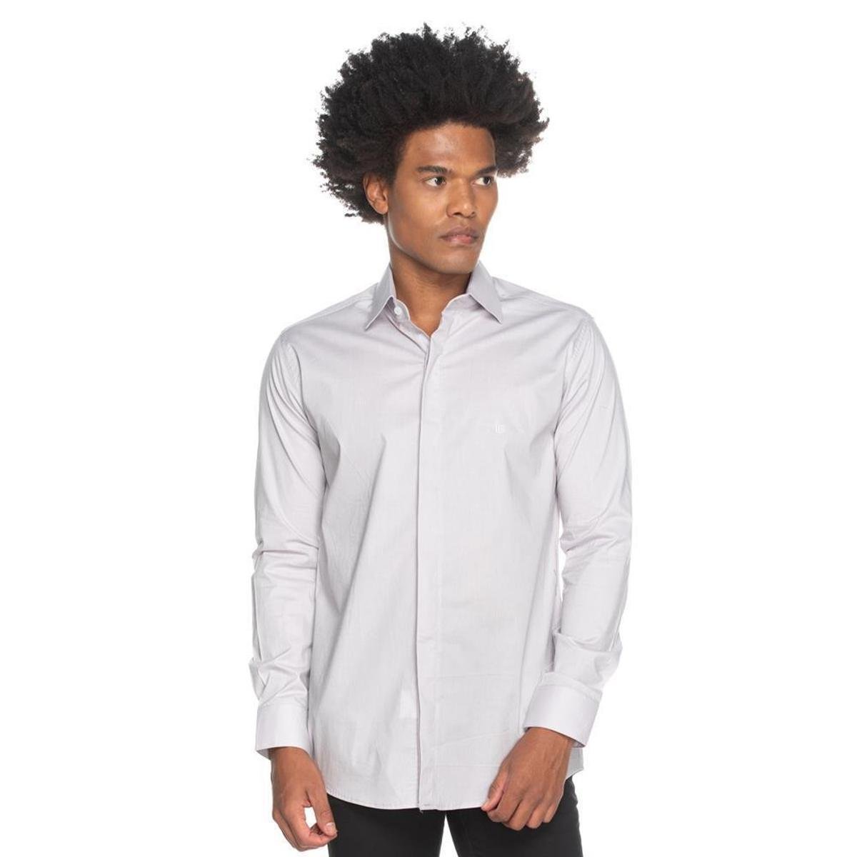 Camisa Social Masculina Manga Longa Slim Casual Lisa - Cinza Menor preço em Camisa Social Masculina Manga Longa Slim Casual Lisa - Cinza