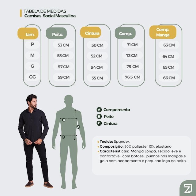 Camisa Social Masculina Manga Longa