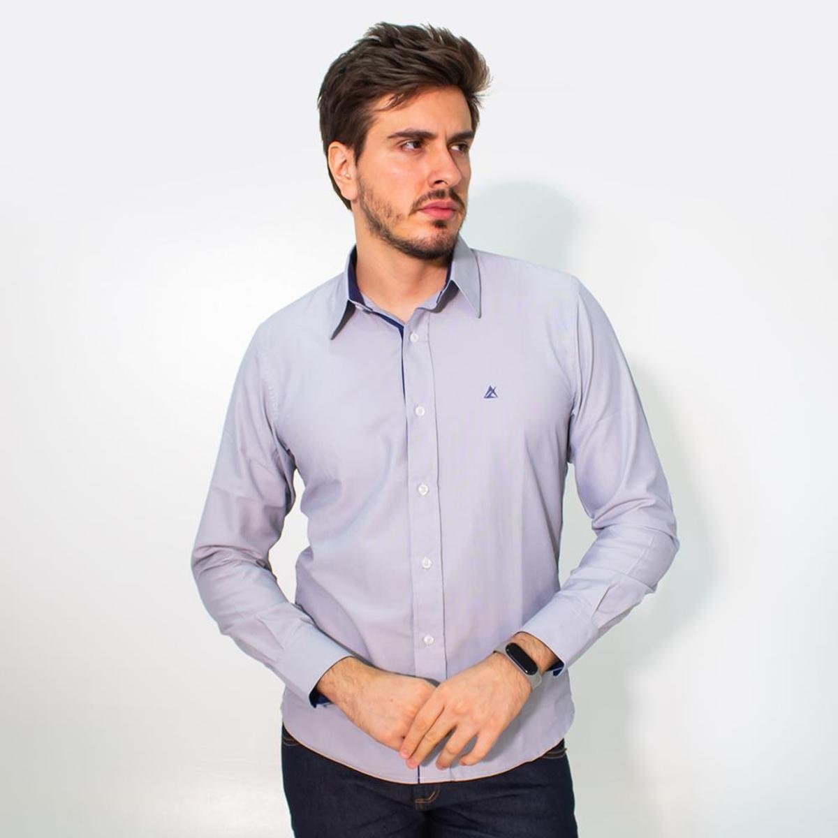 Camisa Social Masculina Risca Giz Cinza Marinho Anticorpus - Gelo Menor preço em Camisa Social Masculina Risca Giz Cinza Marinho Anticorpus - Gelo
