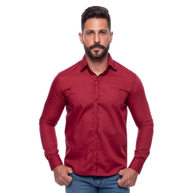 Camisa Social Masculina Slim Manga Longa Lisa Não Amassa