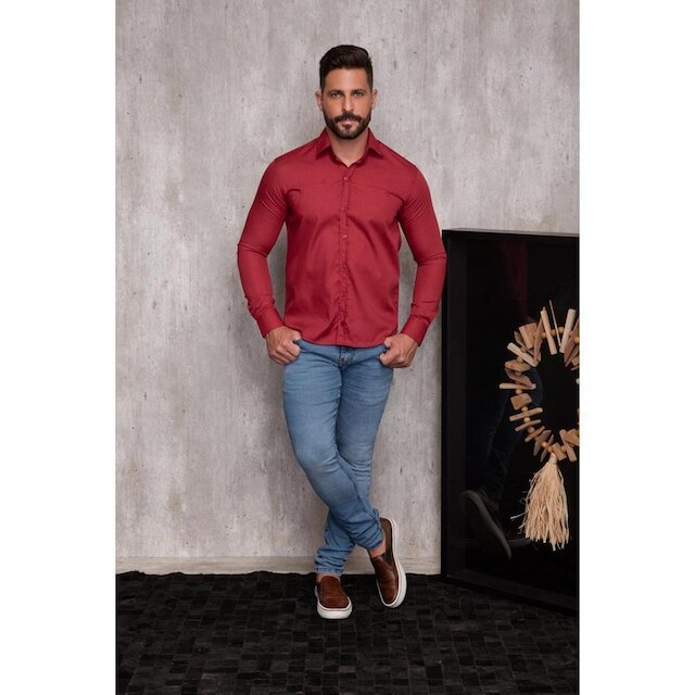 Camisa Social Masculina Slim Manga Longa Lisa Não Amassa