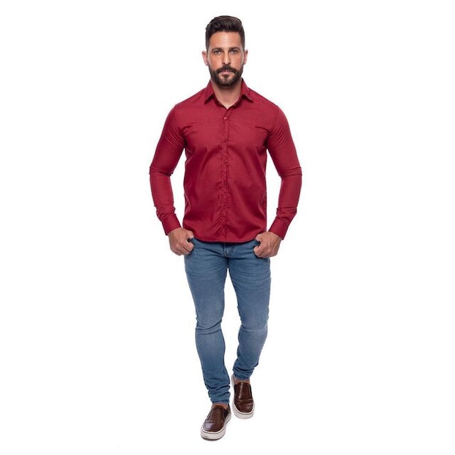 Camisa Social Masculina Slim Manga Longa Lisa Não Amassa
