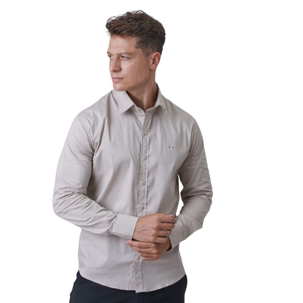 Camisa Social Masculina Vih Triny Marinho Bege Premium Slim Fit Manga Longa
