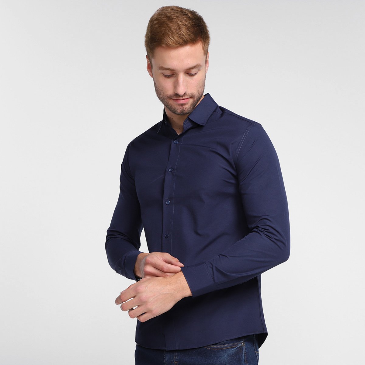 Camisa Social Milano Manga Longa Lisa Masculina - Marinho Menor preço em Camisa Social Milano Manga Longa Lisa Masculina - Marinho