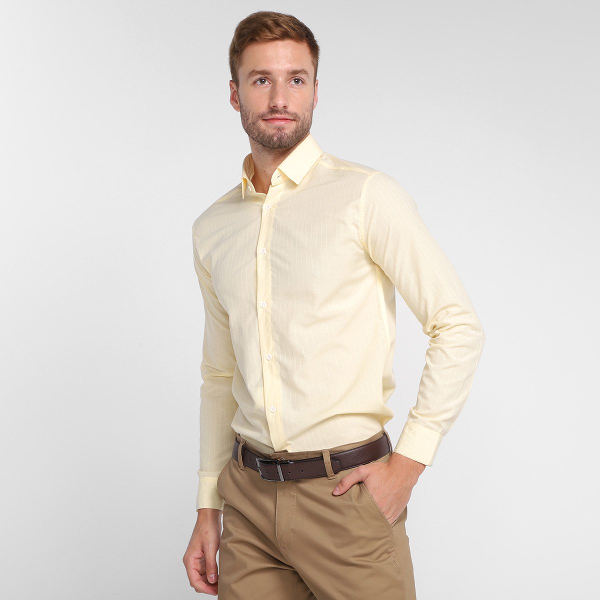 Camisa Social Milano Manga Longa Listras Masculina - Amarelo Claro Menor preço em Camisa Social Milano Manga Longa Listras Masculina - Amarelo Claro