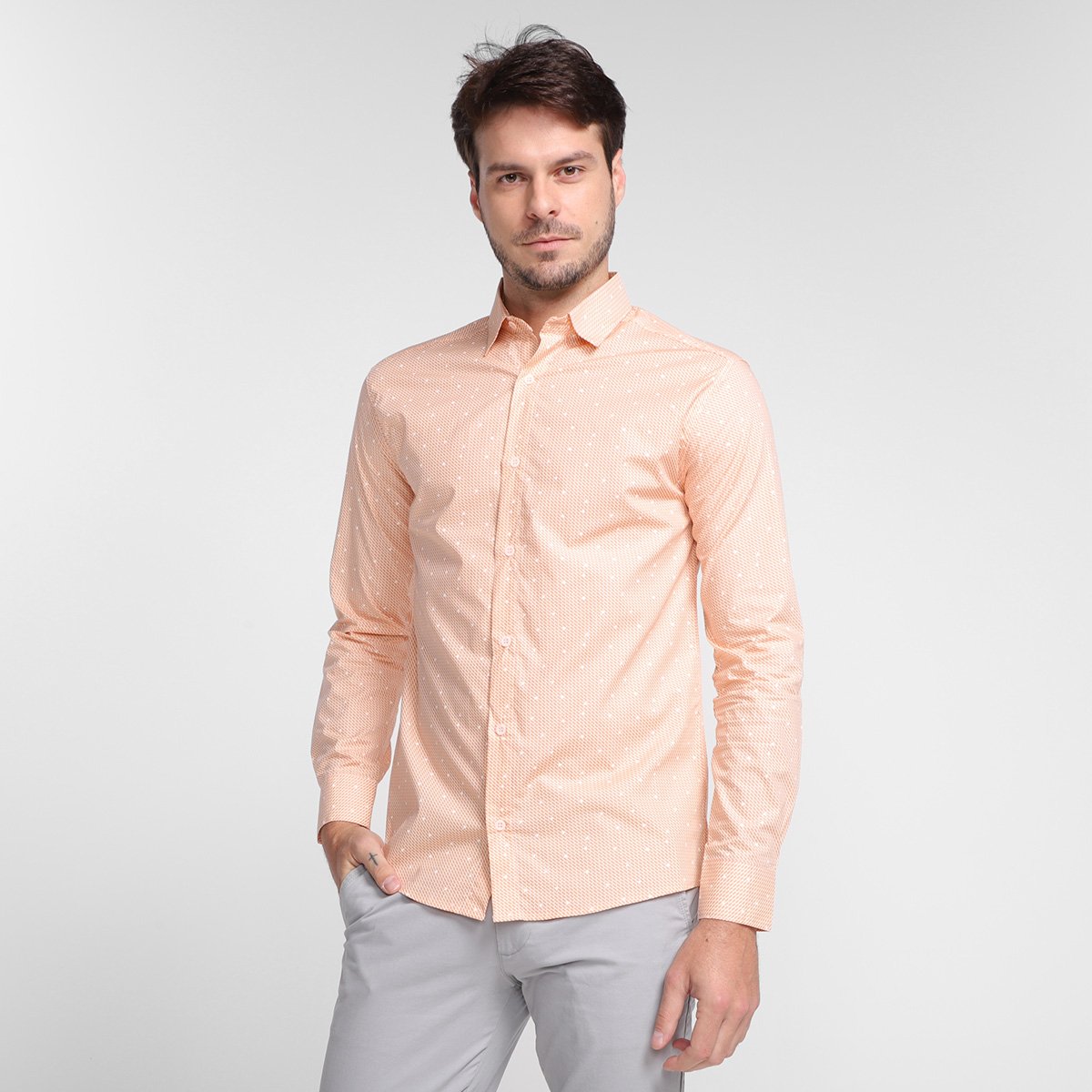 Camisa Social Milano Manga Longa Tricoline Estampada Masculina - Nude Menor preço em Camisa Social Milano Manga Longa Tricoline Estampada Masculina - Nude