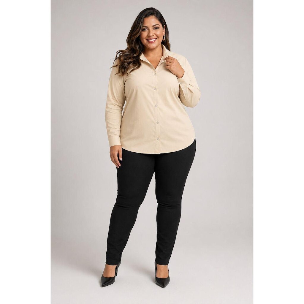 Camisa Social Plus Size D Bell Outlet Fashion Manga Longa Creme