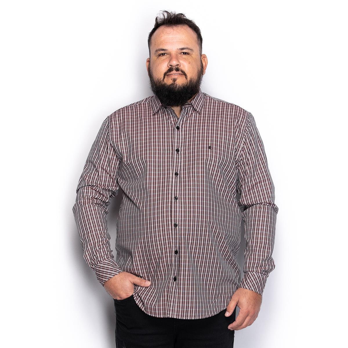 Camisa Social Plus Size Masculina Manga Longa Xadrez Casual - Marrom+Bege Menor preço em Camisa Social Plus Size Masculina Manga Longa Xadrez Casual - Marrom+Bege