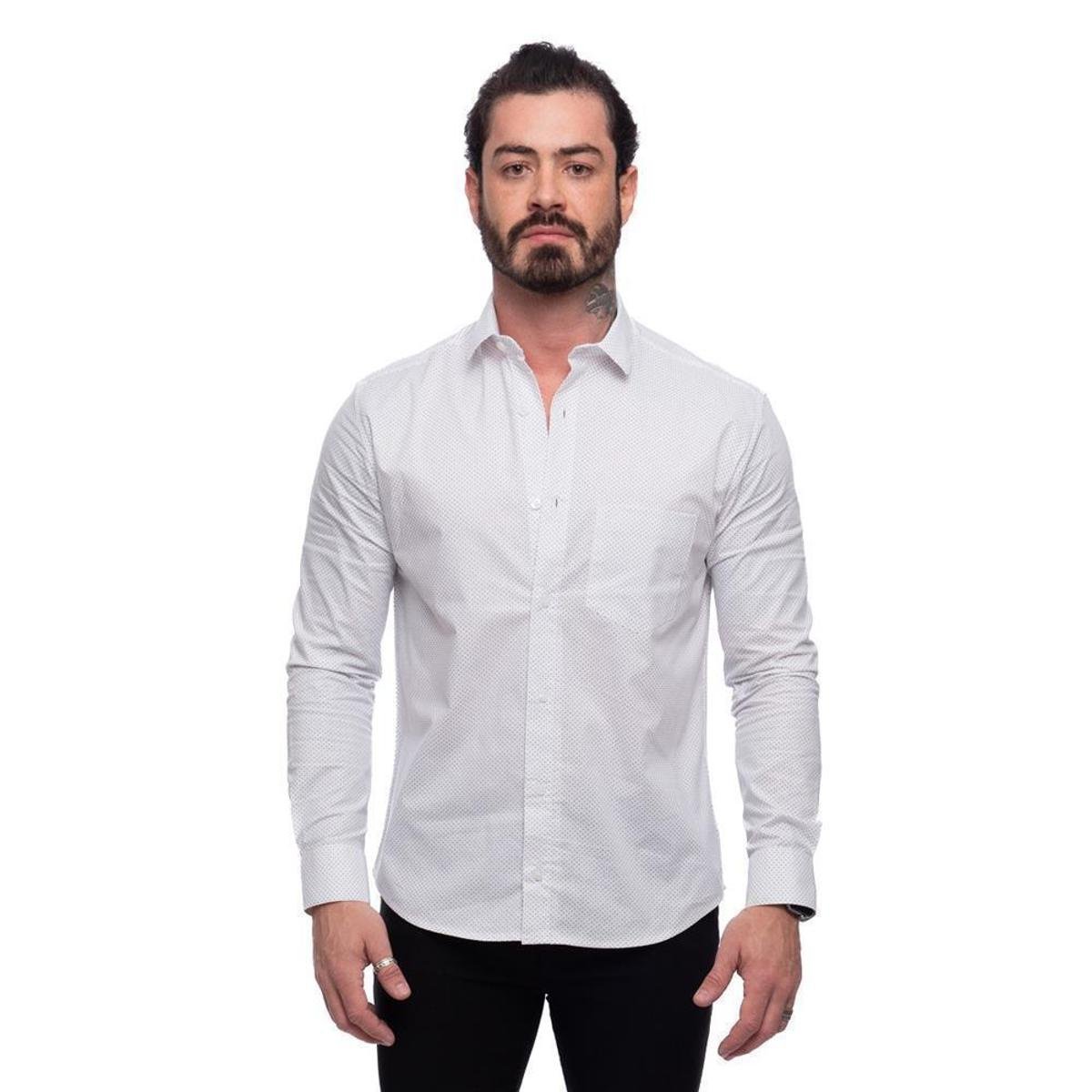 Camisa Social Slim Manga Longa Masculina Clássica Poá - Branco Menor preço em Camisa Social Slim Manga Longa Masculina Clássica Poá - Branco