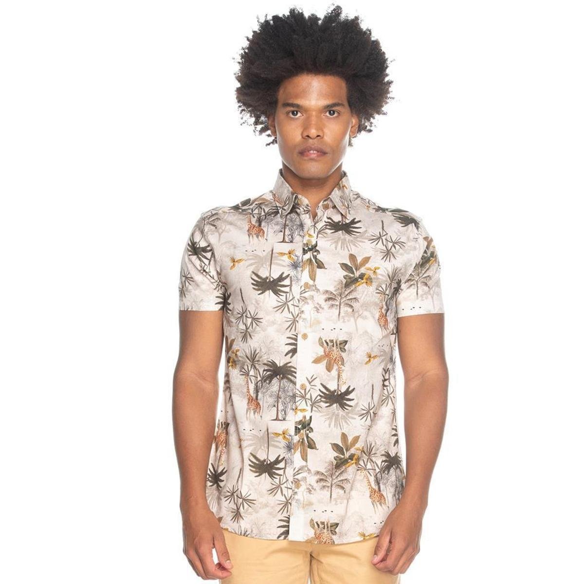 Camisa Social Teodoro MC Masculina Slim Fit Estampa Savana - Bege Menor preço em Camisa Social Teodoro MC Masculina Slim Fit Estampa Savana - Bege