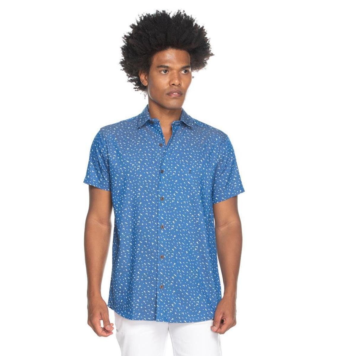 Camisa Social Teodoro MC Slim Fit Estampa Gaivotas Casual - Azul Menor preço em Camisa Social Teodoro MC Slim Fit Estampa Gaivotas Casual - Azul
