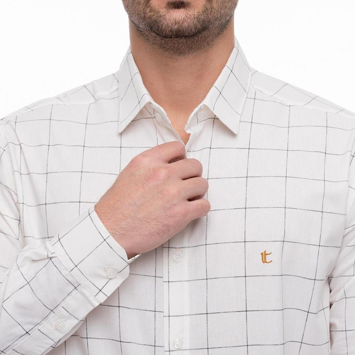 Camisa Social Teodoro ML Slim Fit Algodão Xadrez Casual - Branco Menor preço em Camisa Social Teodoro ML Slim Fit Algodão Xadrez Casual - Branco