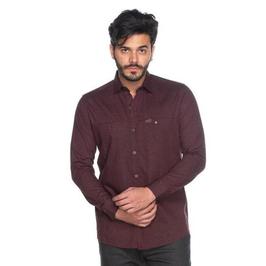 Camisa Social Teodoro ML Slim Masculina Algodão Lisa Casual - Bordô