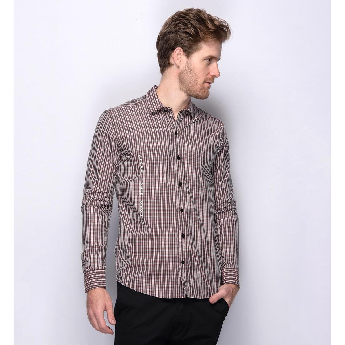 Camisa Social Teodoro Xadrez 60 Fios Toque Suave Masculina - Marrom+Rosa Menor preço em Camisa Social Teodoro Xadrez 60 Fios Toque Suave Masculina - Marrom+Rosa