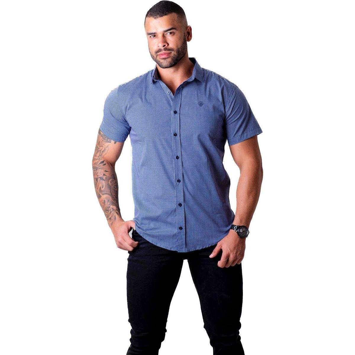 Camisa Social Volar Manga Curta Slim Fit Lisa Xadrez Premium Festa Casamento Luxo Algodão Masculina - Azul Menor preço em Camisa Social Volar Manga Curta Slim Fit Lisa Xadrez Premium Festa Casamento Luxo Algodão Masculina - Azul