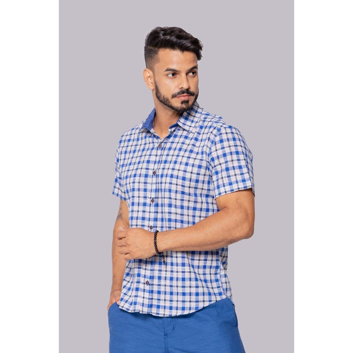 Camisa Social Xadrez e Branco Slim Manga Curta 100% Algodão Linha Premium Hilios - Azul Menor preço em Camisa Social Xadrez e Branco Slim Manga Curta 100% Algodão Linha Premium Hilios - Azul