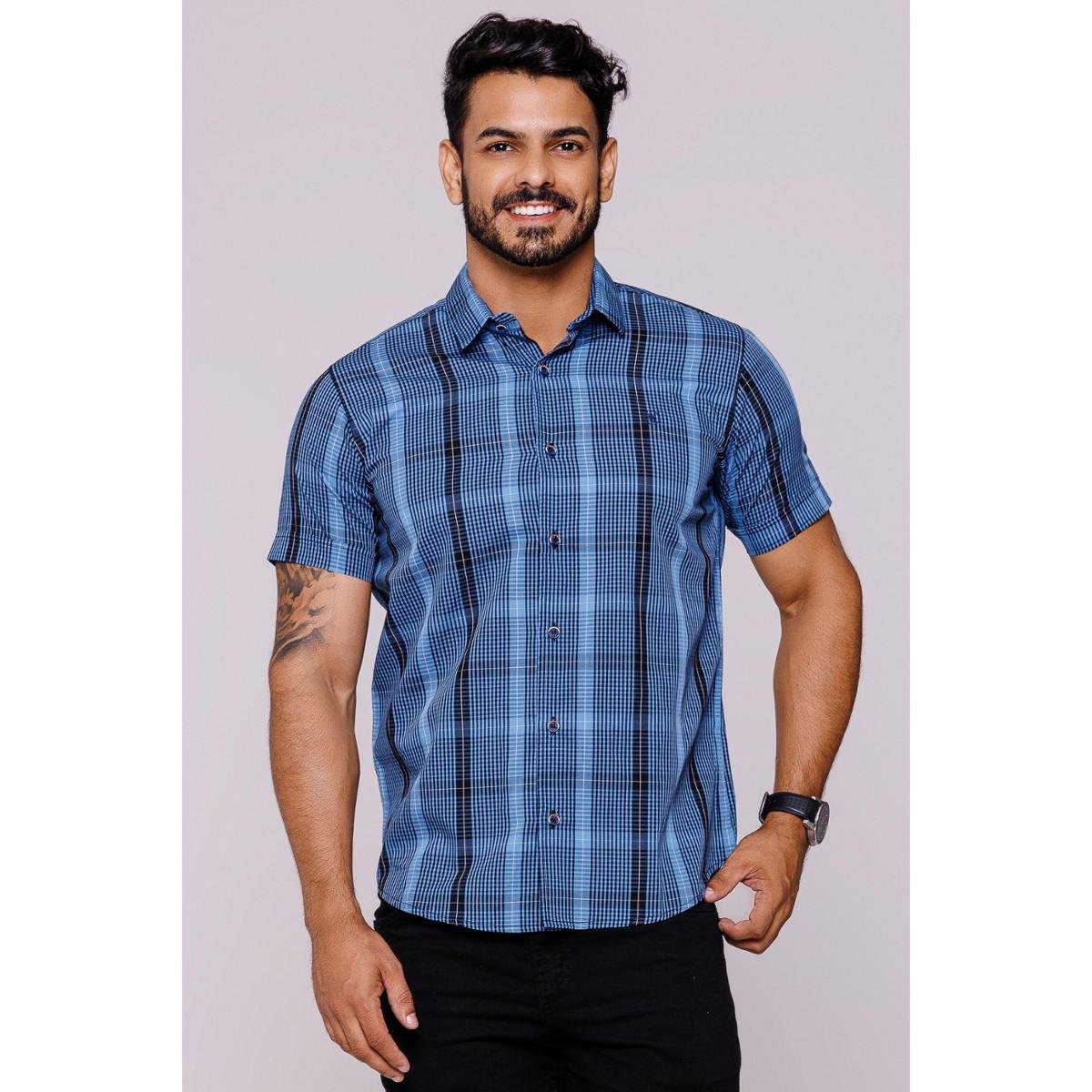 Camisa Social Xadrez e Preto Manga Curta Hilios Menor preço em Camisa Social Xadrez e Preto Manga Curta Hilios