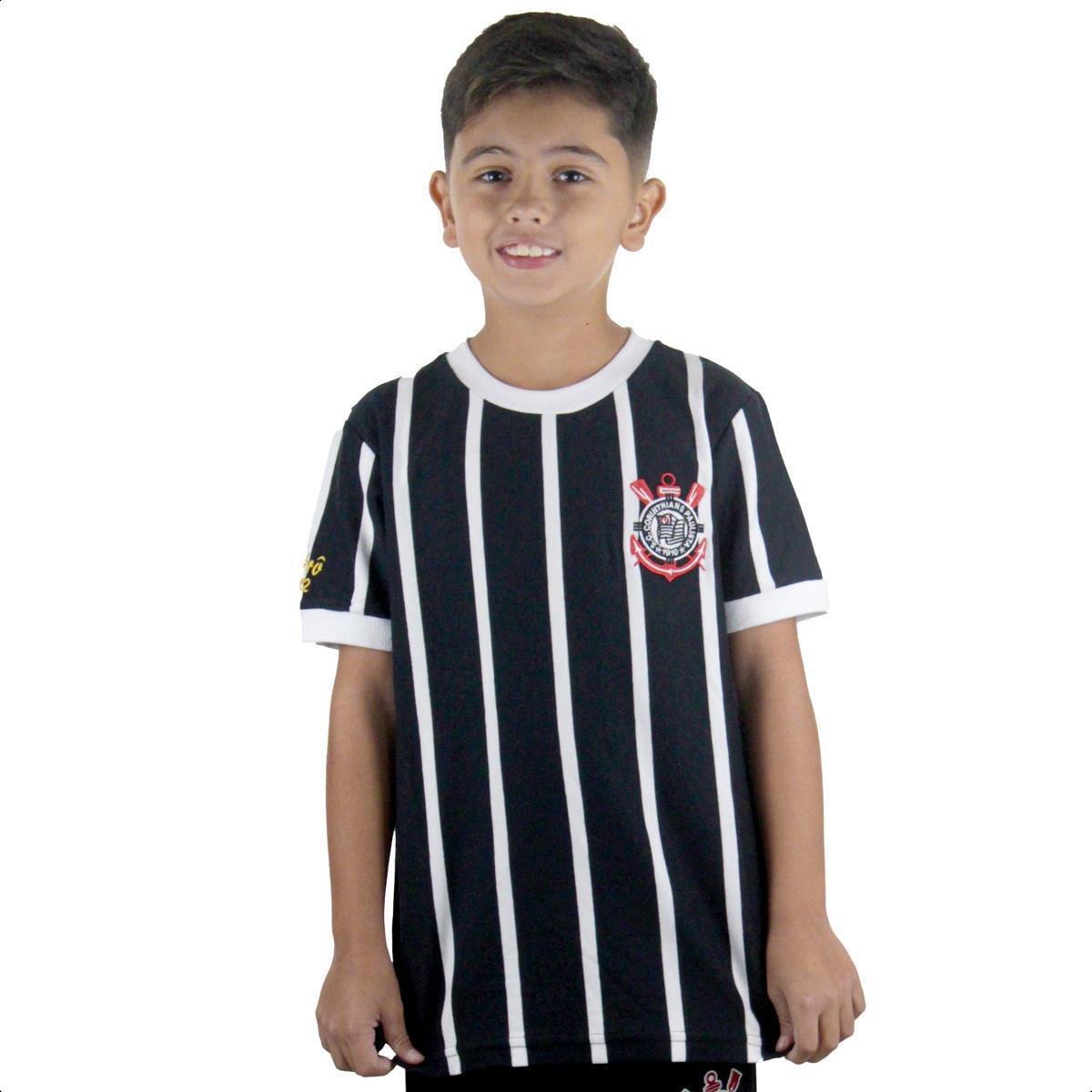 Camisa SPR Corinthians Democracia 1982 Listrada - Infantil - Preto Menor preço em Camisa SPR Corinthians Democracia 1982 Listrada - Infantil - Preto