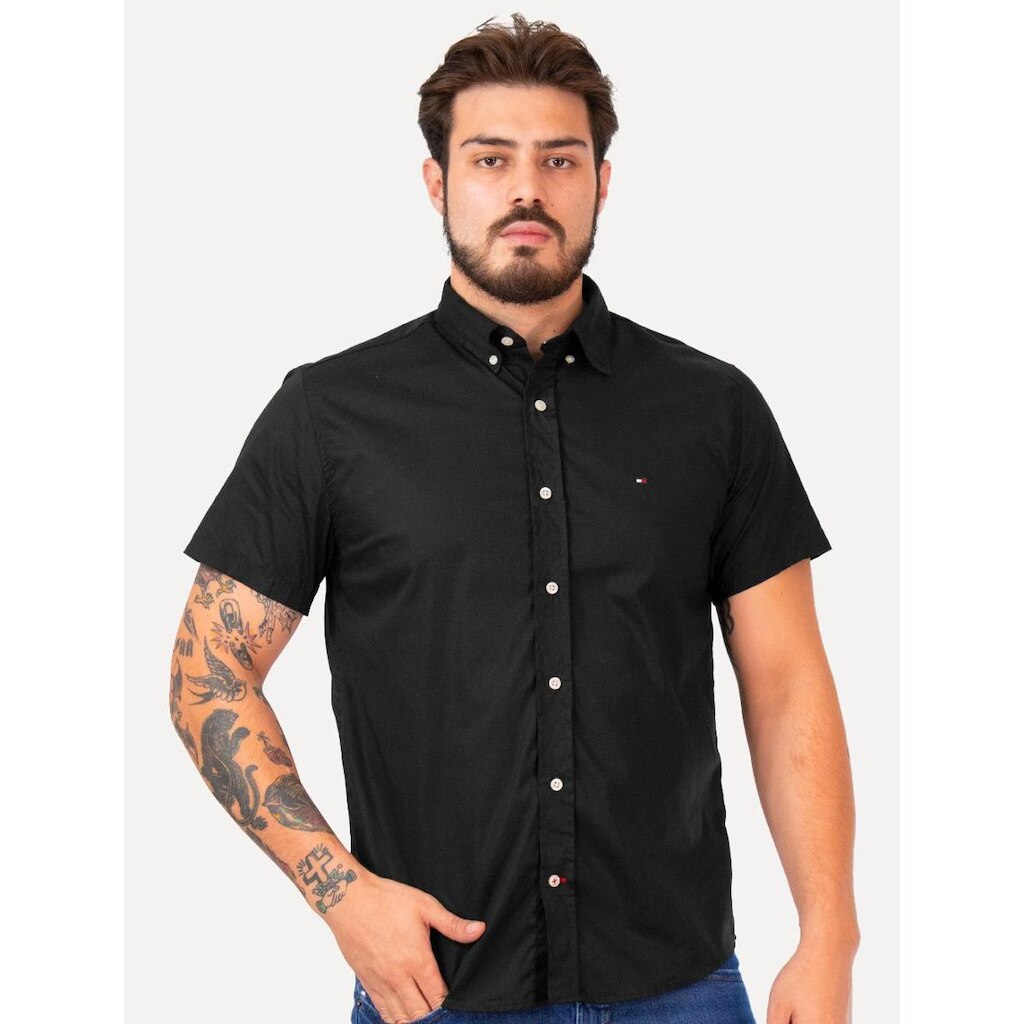 Camisa Tommy Hilfiger Masculina Manga Curta Regular Classic Poplin Preta