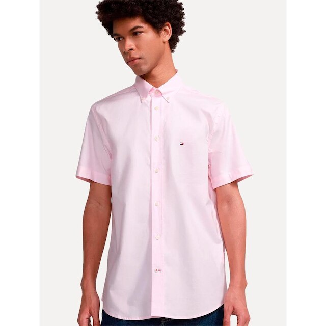 Camisa Tommy Hilfiger Masculina Manga Curta Regular Classic Poplin Rosa Claro