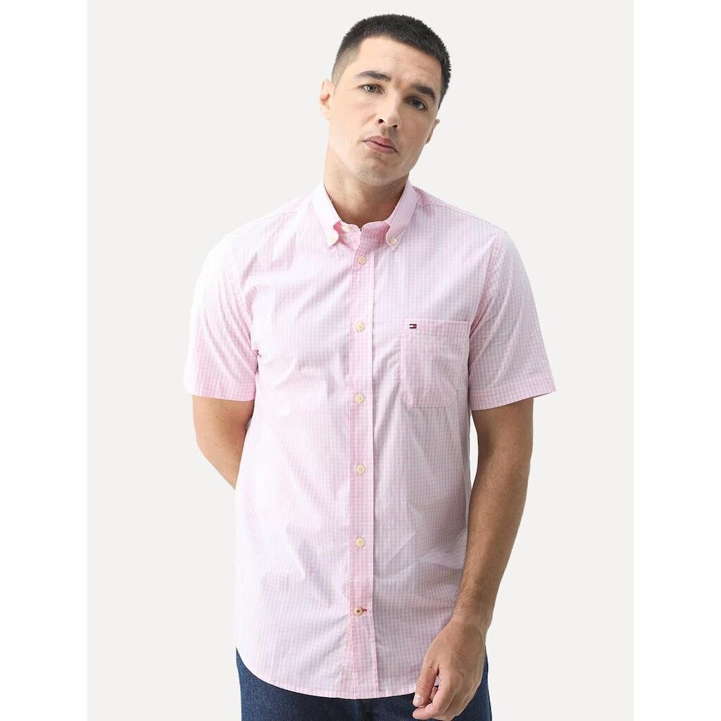Camisa Tommy Hilfiger Masculina Manga Curta Xadrez Gingham Branca/ Claro