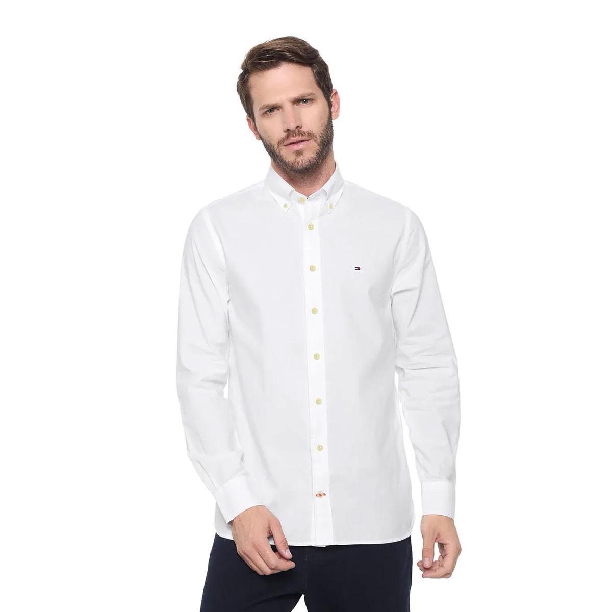 Camisa Tommy Hilfiger Masculina Regular Core Stretch Oxford Branca Menor preço em Camisa Tommy Hilfiger Masculina Regular Core Stretch Oxford Branca