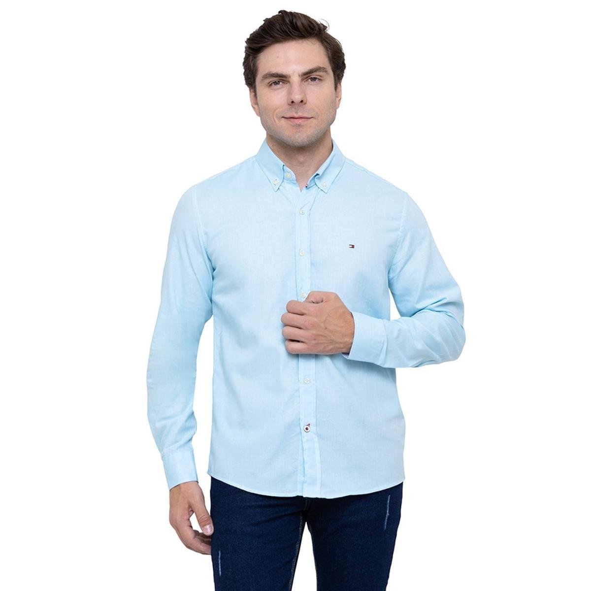 Camisa Tommy Hilfiger Masculina Regular Fit Oxfordini Azul Claro Menor preço em Camisa Tommy Hilfiger Masculina Regular Fit Oxfordini Azul Claro
