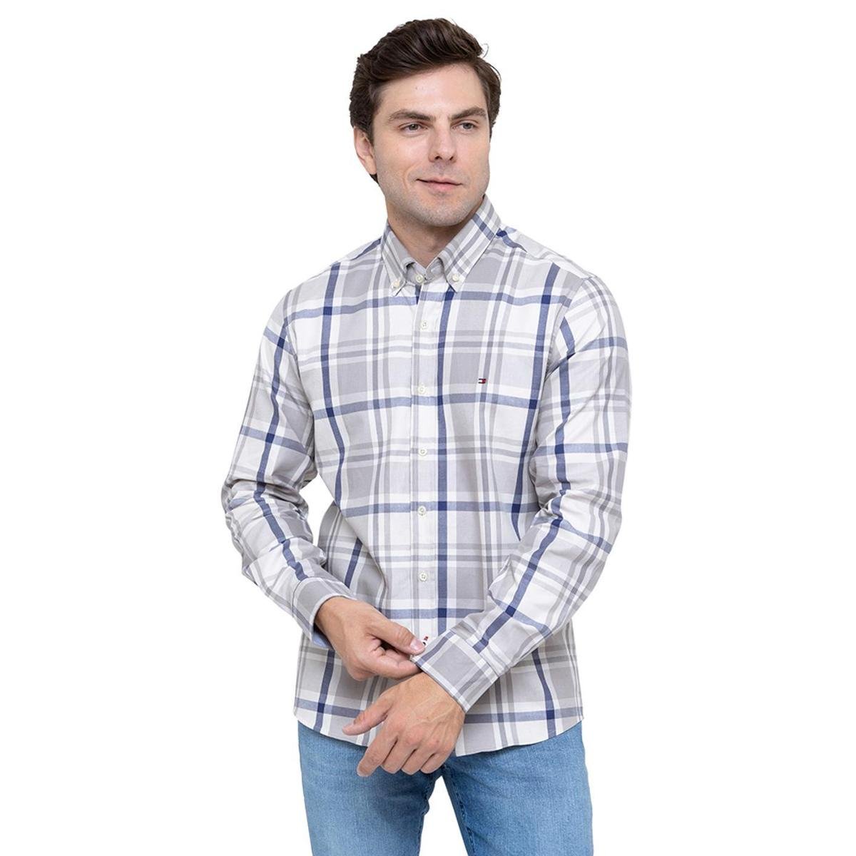 Camisa Tommy Hilfiger Masculina Regular Oxfordini Multicor Xadrez Azul/Bege e Cinza - Cinza Claro Menor preço em Camisa Tommy Hilfiger Masculina Regular Oxfordini Multicor Xadrez Azul/Bege e Cinza - Cinza Claro