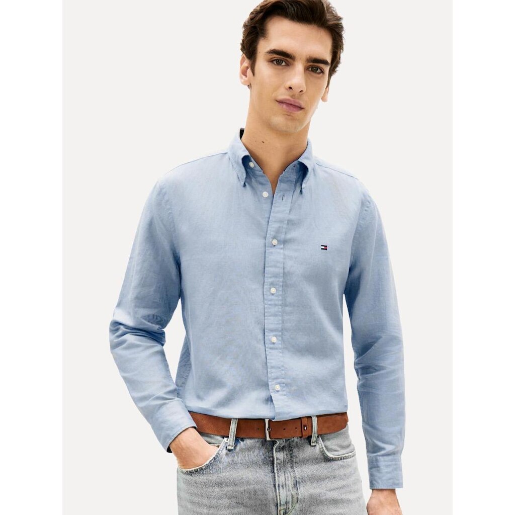 Camisa Tommy Hilfiger Masculina Regular Poplin Semi Spread Azul Médio