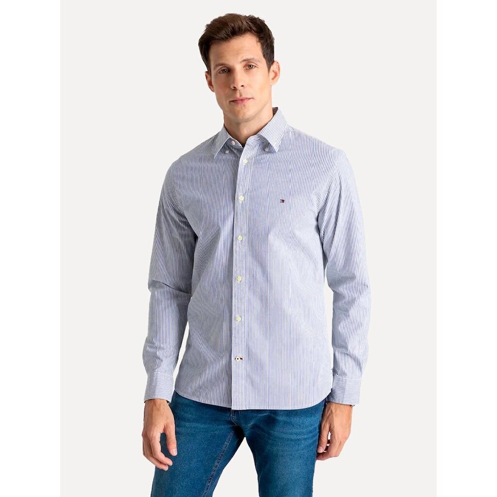 Camisa Tommy Hilfiger Masculina Regular Striped Poplin Azul Médio
