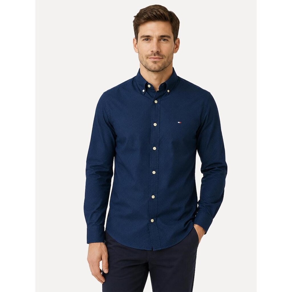 Camisa Tommy Hilfiger Masculina Slim Flex Pop Small Dobby Azul Marinho