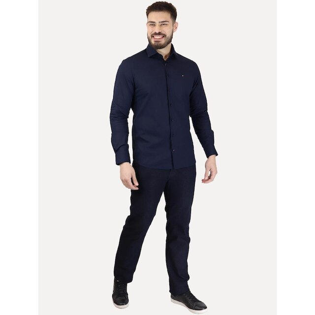 Camisa Tommy Hilfiger Masculina Slim THFlex Poplin Azul Marinho