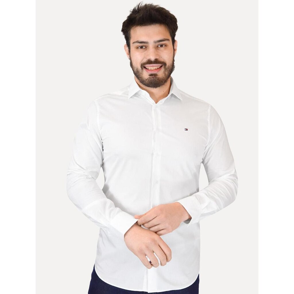 Camisa Tommy Hilfiger Masculina Slim THFlex Poplin Branco