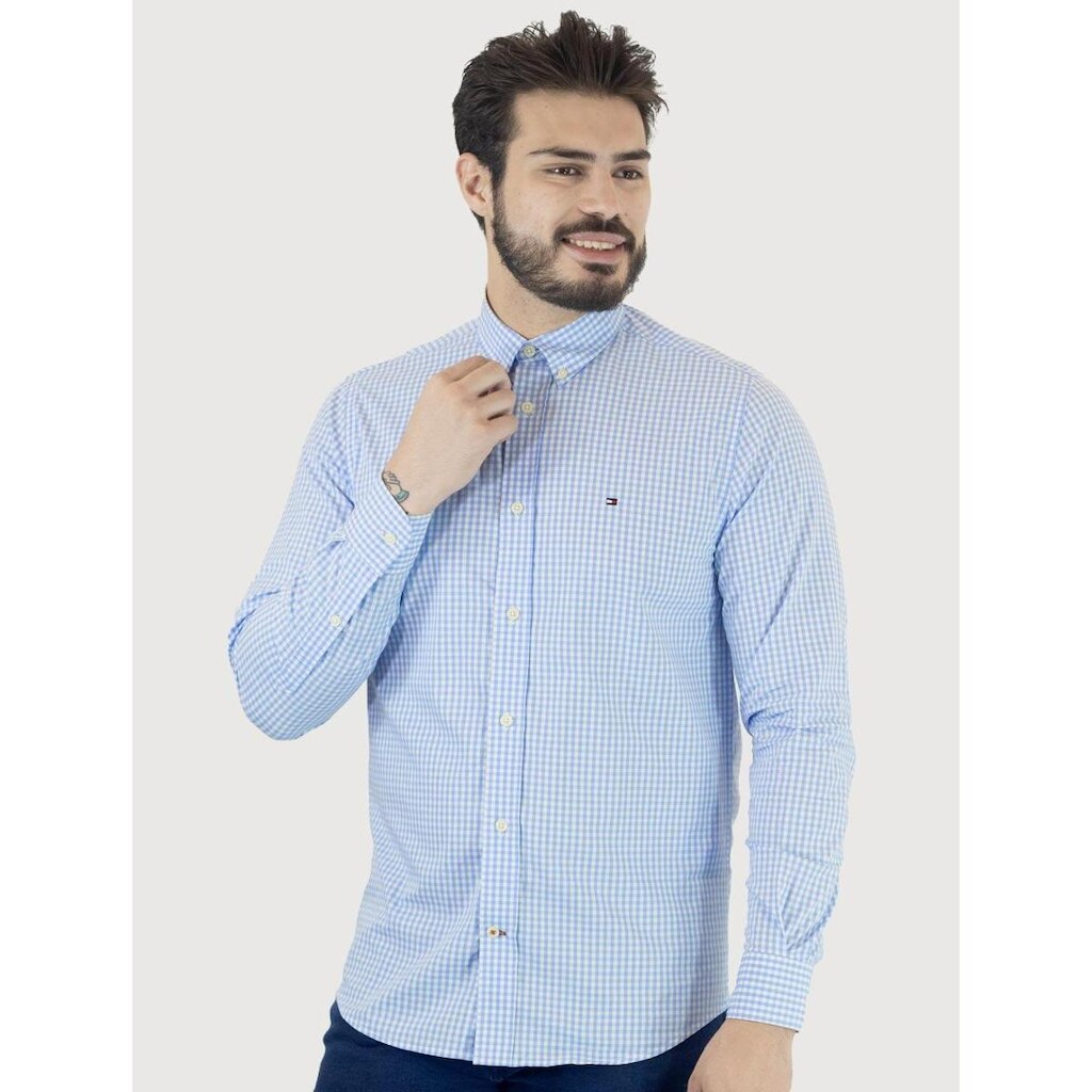 Camisa Tommy Hilfiger Masculina Xadrez Gingham Branca/Azul
