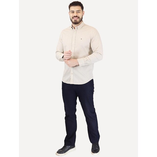 Camisa Tommy Hilfiger Masculina Xadrez Gingham Branca/Cáqui