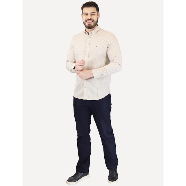 Camisa Tommy Hilfiger Masculina Xadrez Gingham Branca/Cáqui