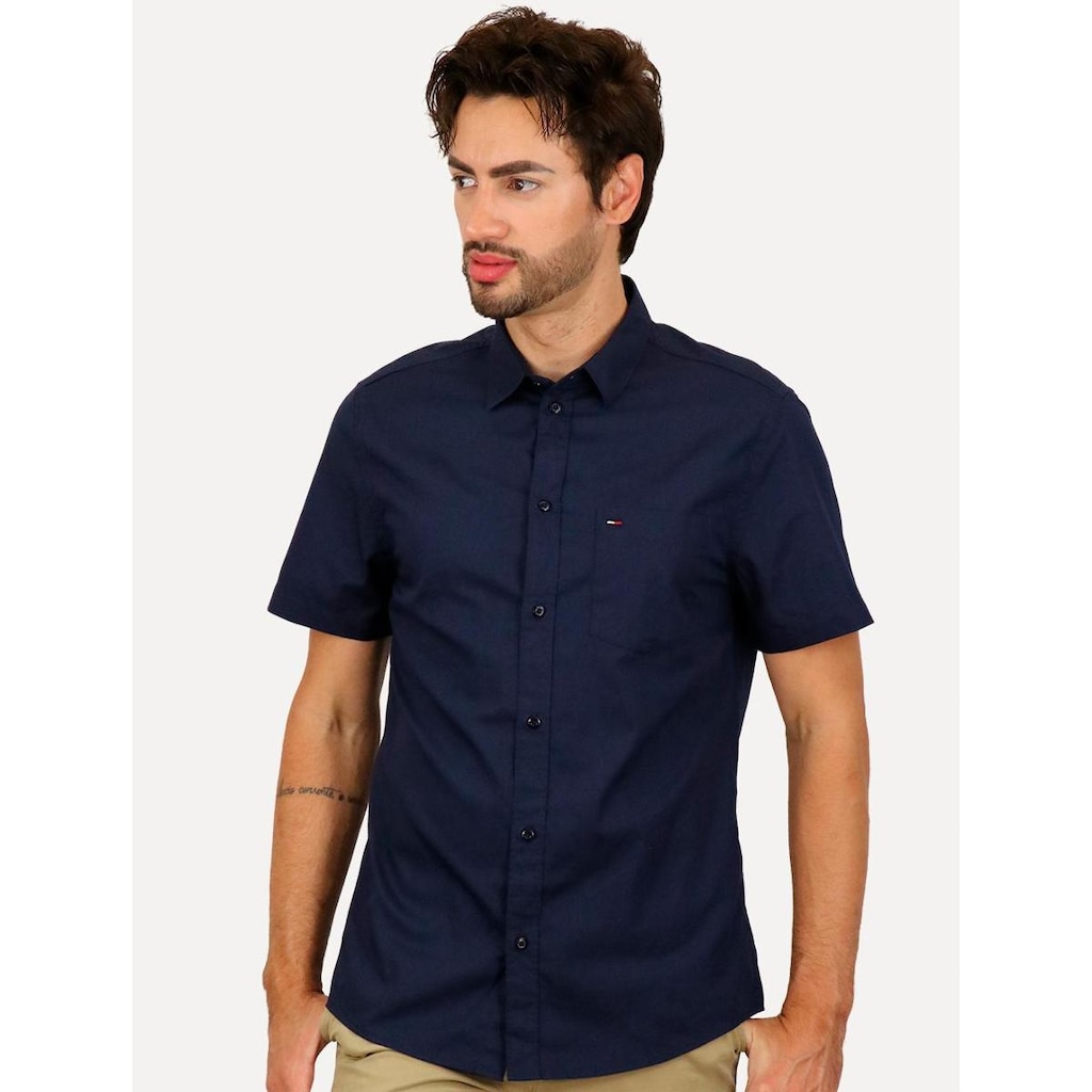 Camisa Tommy Jeans Masculina Manga Curta Pocket Solid Poplin Azul Marinho