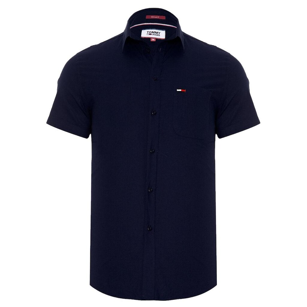 Camisa Tommy Jeans Masculina Manga Curta Solid Poplin Azul Marinho