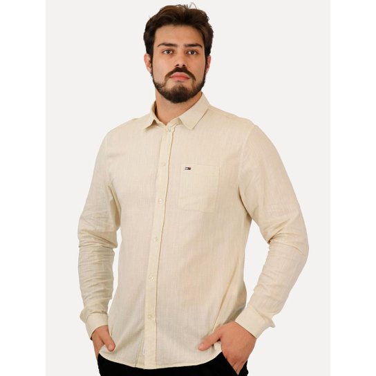 Camisa Tommy Jeans Masculina Regular Linen Blend Pocket Areia Mescla