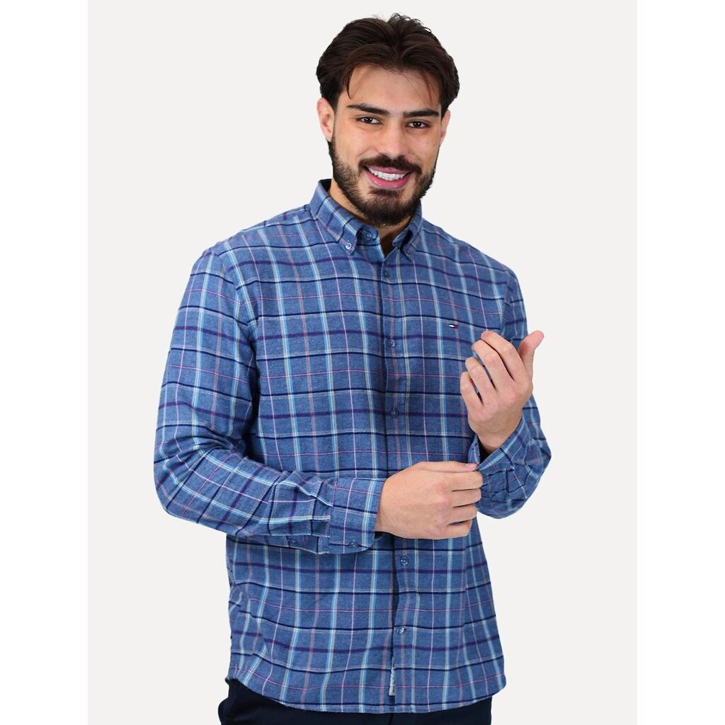 Camisa Tommy Jeans Masculina Regular Xadrez Flannel Check Azul Médio