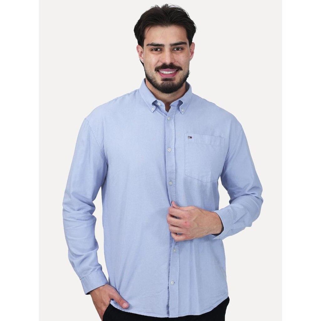 Camisa Tommy Jeans Masculina Relaxed Oxford Pocket Azul