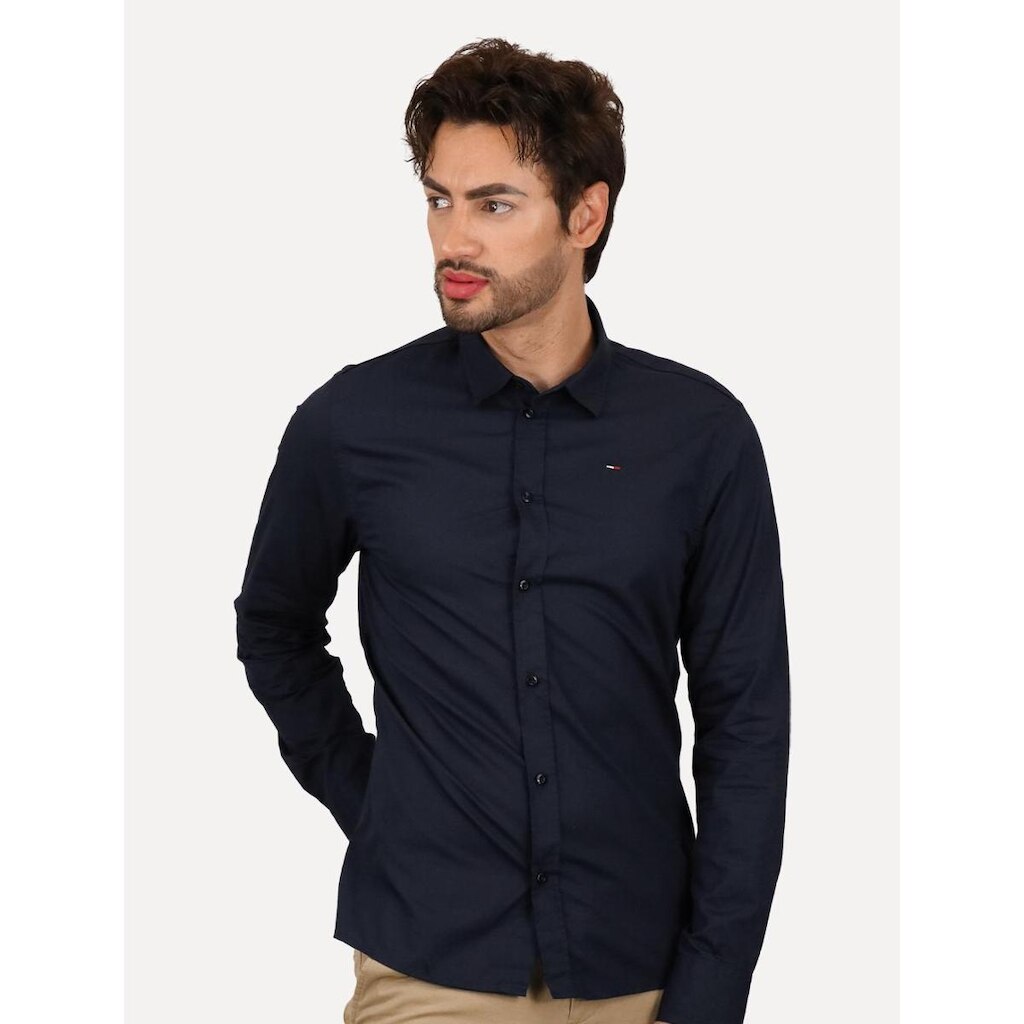 Camisa Tommy Jeans Masculina Slim Original Stretch Azul Marinho