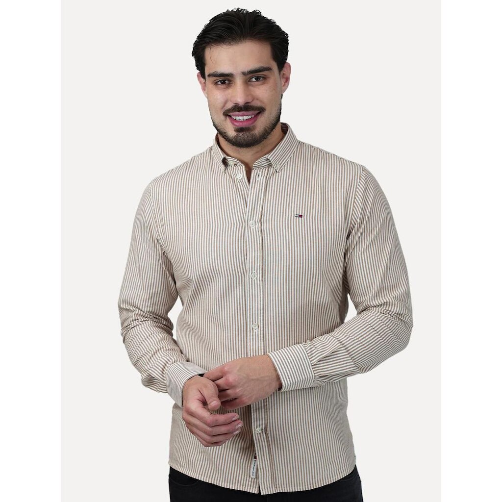 Camisa Tommy Jeans Masculina Slim Striped Oxford Cáqui