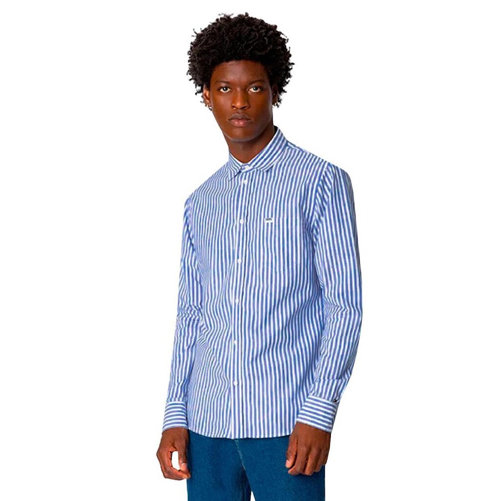 Camisa Tommy Jeans Masculina Striped Linen Blend Pocket Azul Royal Branca