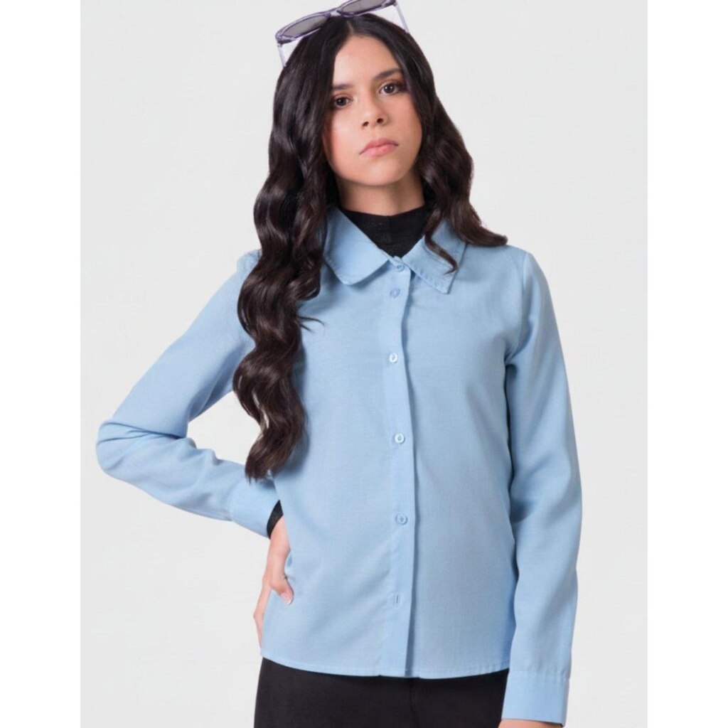 Camisa Tricoline Dia a Dia Frio Gola Polo Botão Moda Inverno Nova - Feminino 12 a 18 anos
