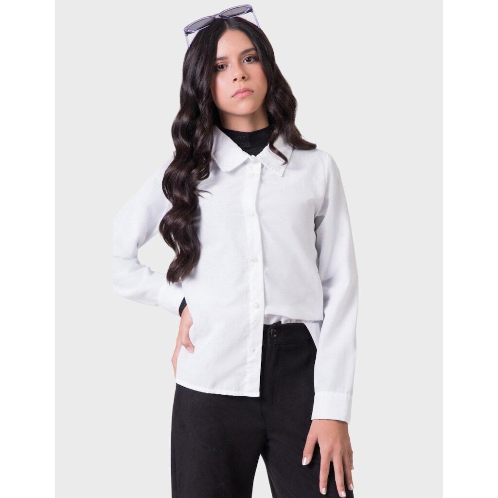 Camisa Tricoline Dia a Dia Frio Gola Polo Botão Moda Inverno Nova - Feminino 12 a 18 anos