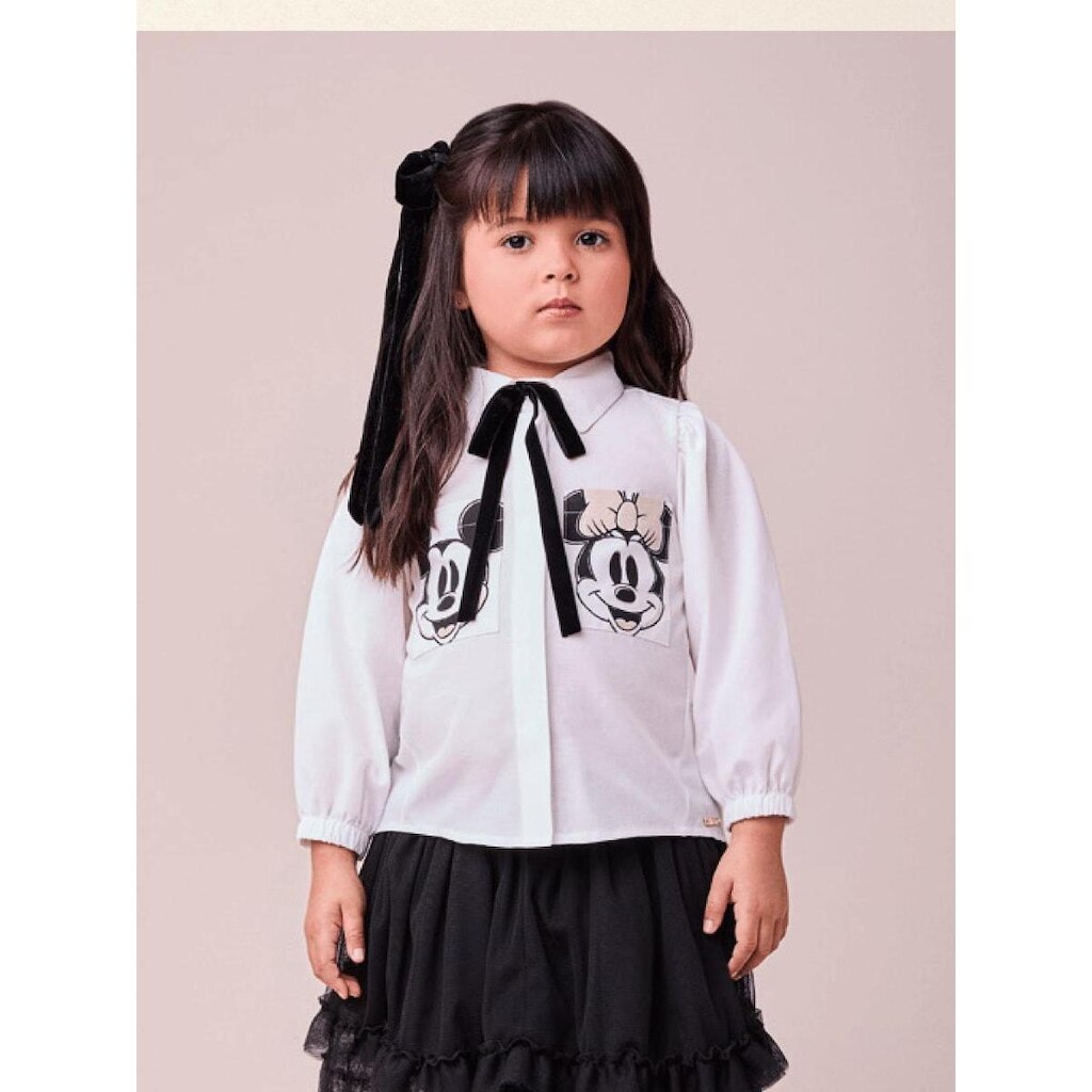 Camisa Tricoline Laço Minnie e Mickey Animê