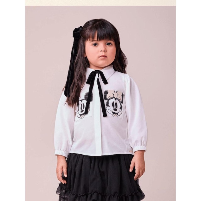 Camisa Tricoline Laço Minnie e Mickey Animê