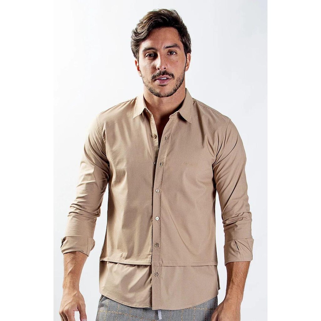 Camisa tricoline M/Longa Bara aplicada Slim Per Pochi