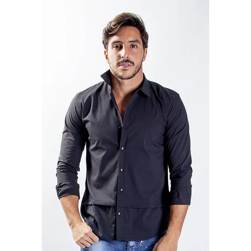 Camisa tricoline M/Longa Bara aplicada Slim Per Pochi